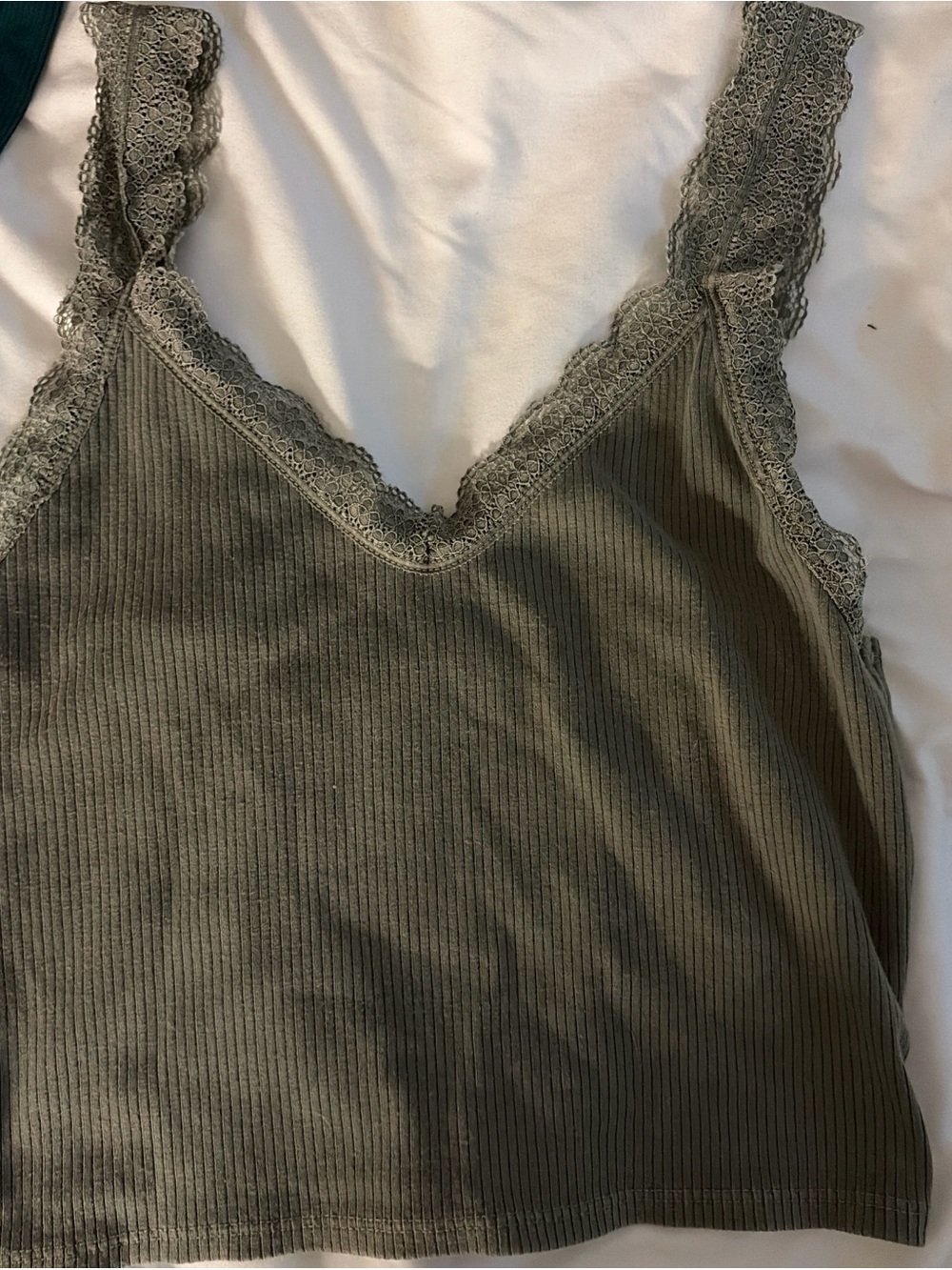 American Eagle Outfitters Olive Lace-Trim Ribbed Tank - Women